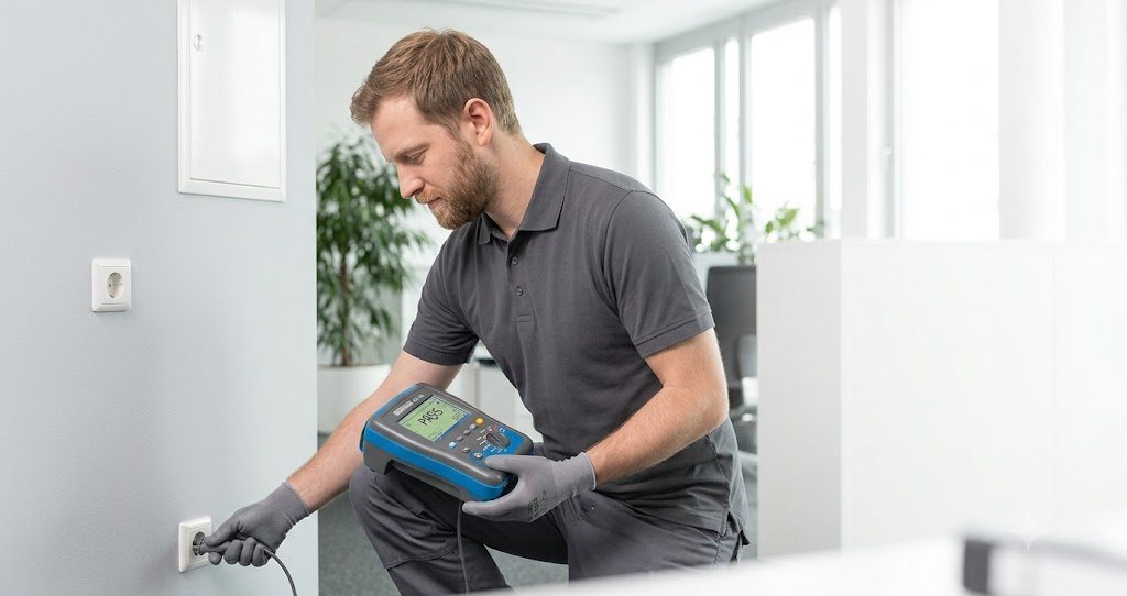 Elektriker bei der DGUV V3 Prüfung einer Steckdose in einem hellen Büro